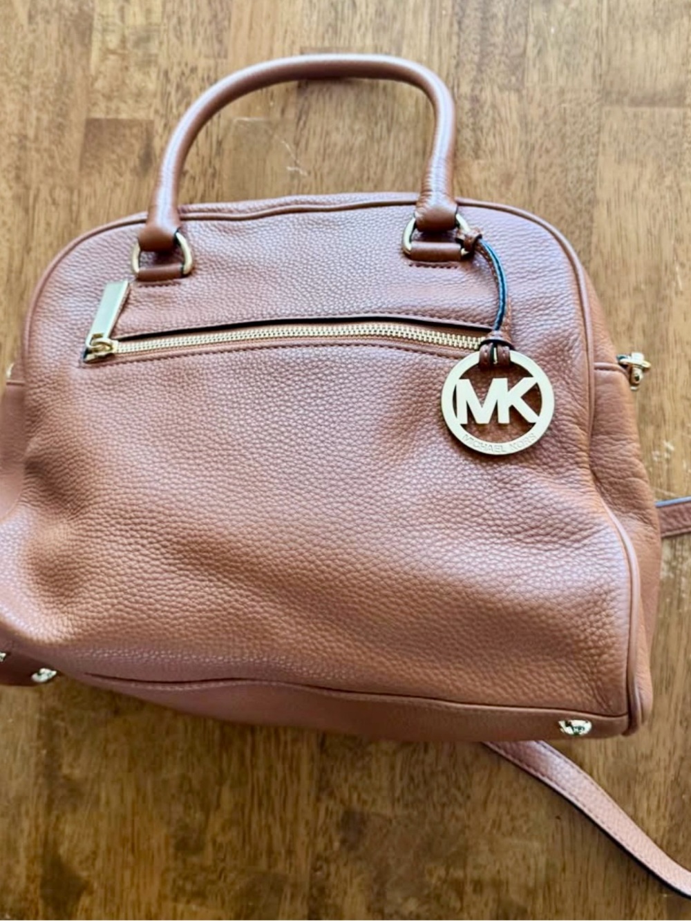 Michael Kors Tan Pebbled Leather Satchel with MK Charm